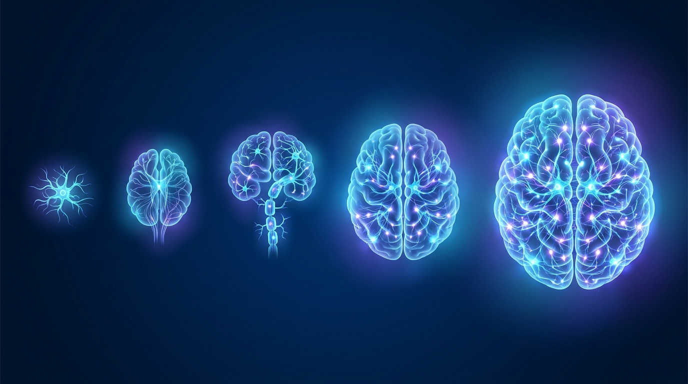 Ilustración científica de diferentes etapas de complejidad cerebral para representar la evolución del cerebro humano