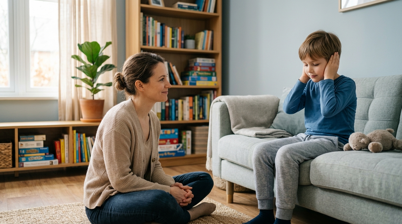 Niño cubriéndose los oídos mientras su madre observa con calma en casa