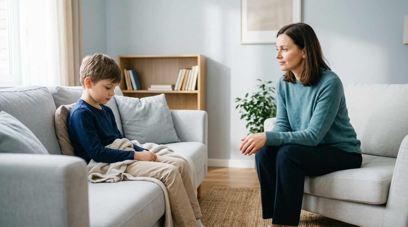 Madre hablando con calma a su hijo mientras mantiene una distancia respetuosa