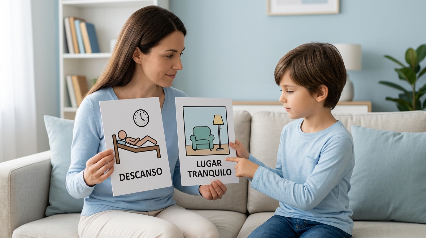 Madre mostrando a su hijo tarjetas visuales de descanso y lugar tranquilo