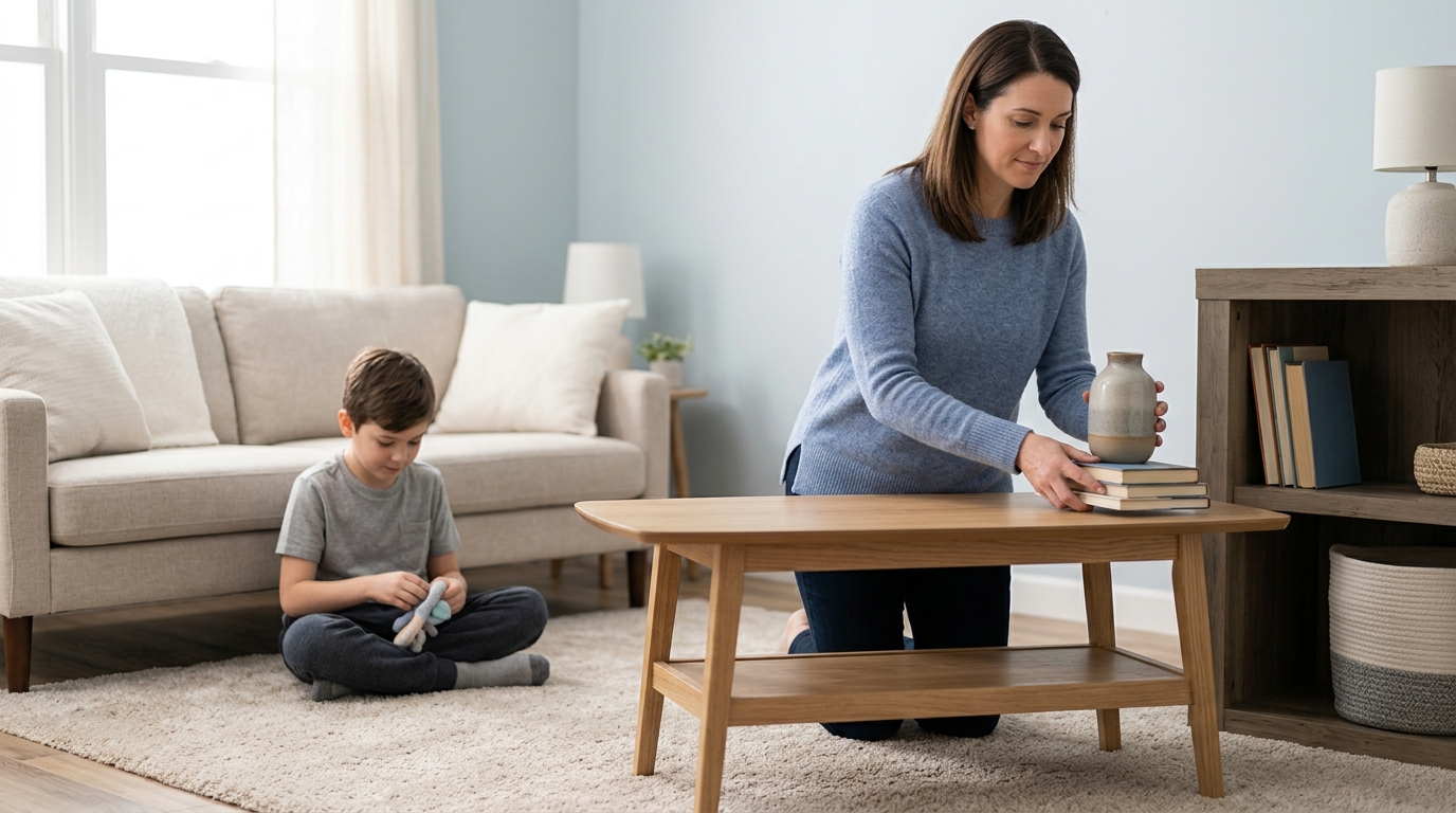Madre retirando objetos de una mesa para crear un espacio más seguro para su hijo