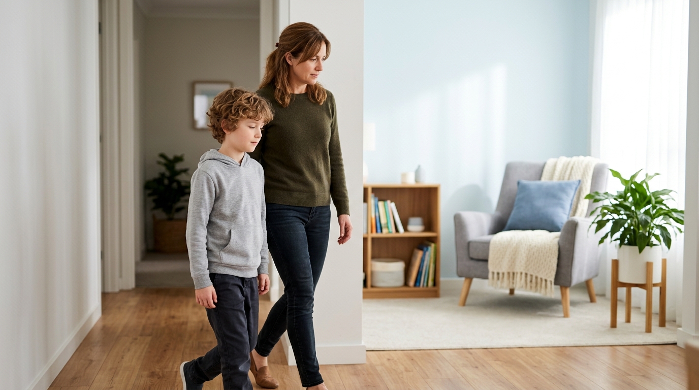 Madre acompañando a su hijo hacia un espacio tranquilo con pocos estímulos