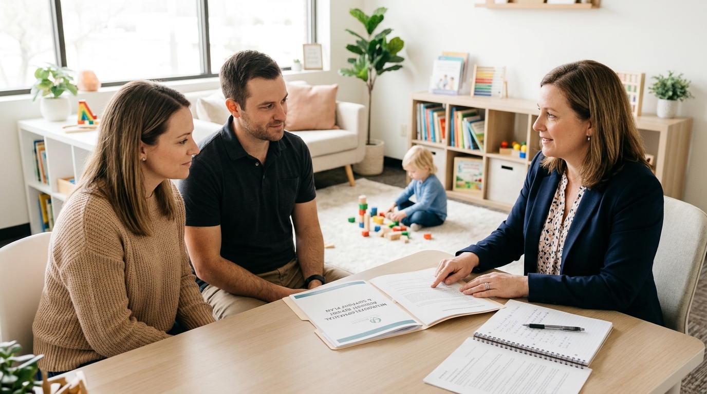 Familia recibiendo orientación profesional después de un diagnóstico de autismo
