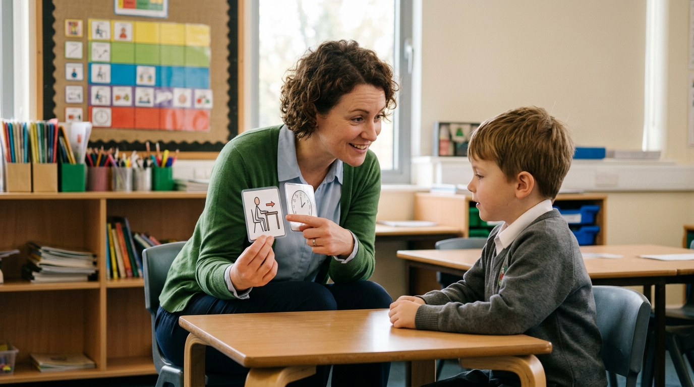 Maestra mostrando tarjetas visuales a un niño autista para facilitar la comprensión de una actividad