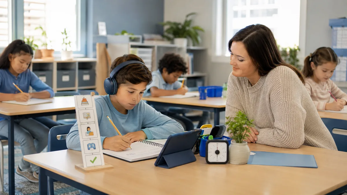 Estudiante autista realiza una actividad escolar con apoyos visuales, auriculares y acompañamiento docente dentro de un aula inclusiva