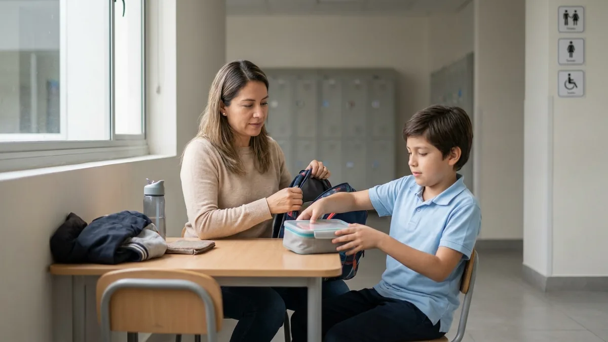 Madre brinda apoyo funcional a un estudiante con autismo mientras organiza su lonchera y mochila dentro de una institución educativa en Ecuador