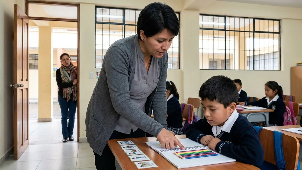 Profesional especializada acompaña a un estudiante con autismo dentro del aula mientras su madre espera fuera del salón en una escuela de Ecuador