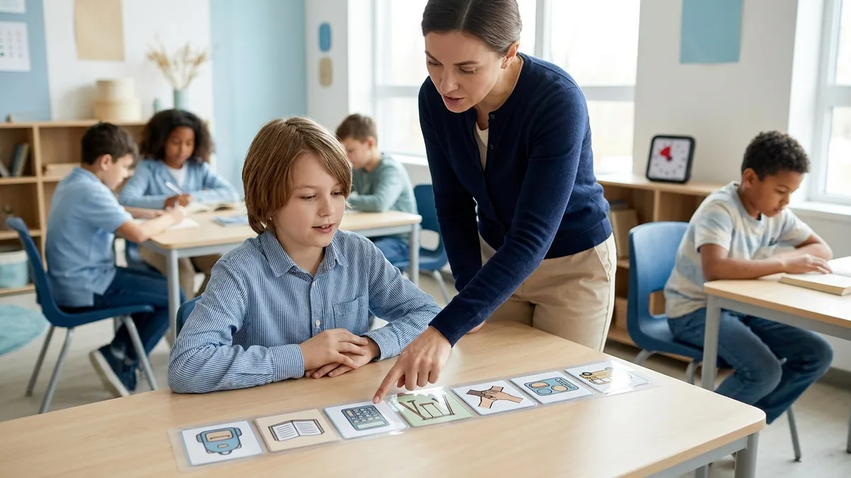 Docente utiliza una secuencia de apoyos visuales con un estudiante autista dentro de un aula inclusiva