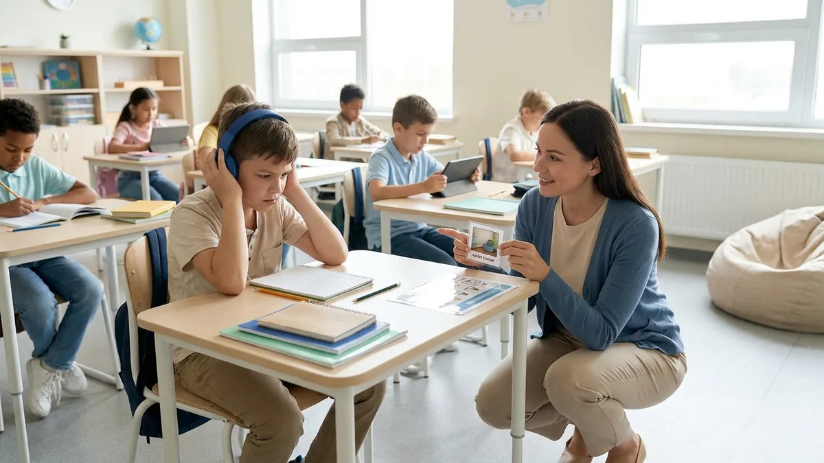 ocente acompaña con calma a un estudiante autista que utiliza auriculares durante una situación de sobrecarga sensorial en el aula