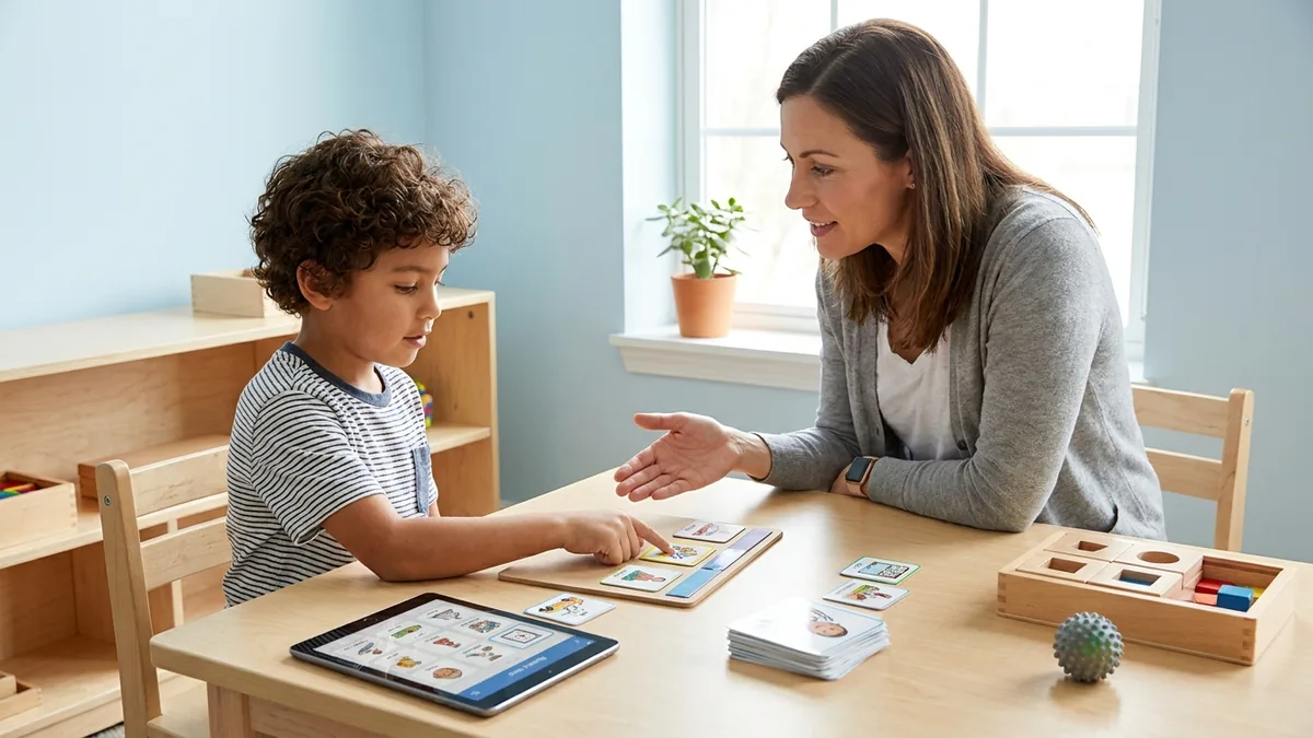 Niño con autismo nivel 2 utilizando pictogramas y apoyos visuales junto a una profesional