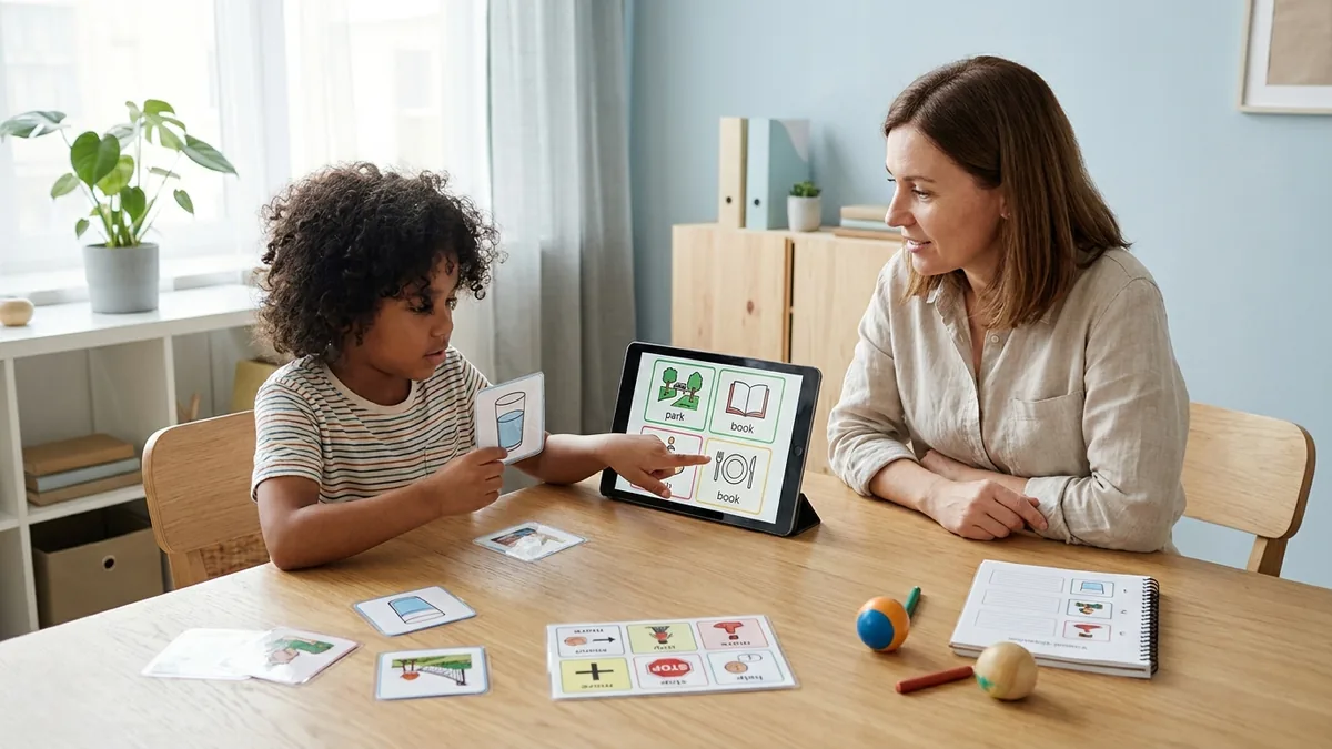 Niño autista no hablante utilizando pictogramas, tarjetas y una tablet para comunicarse junto a una persona de apoyo