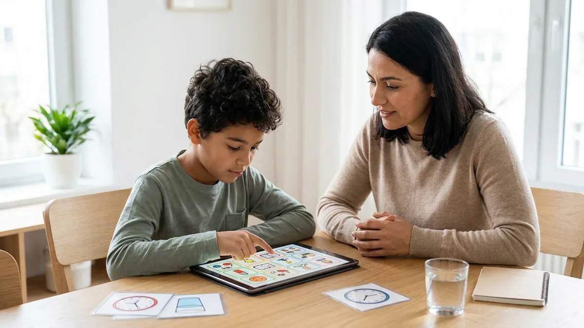 Niño autista no hablante utilizando una tablet con pictogramas junto a una persona de apoyo