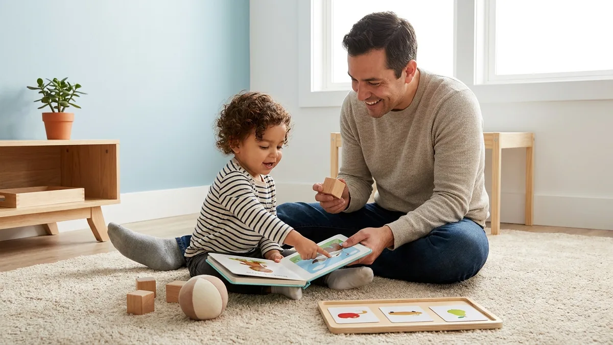 Niño pequeño interactuando con su padre durante una actividad de juego y comunicación en los primeros años de desarrollo