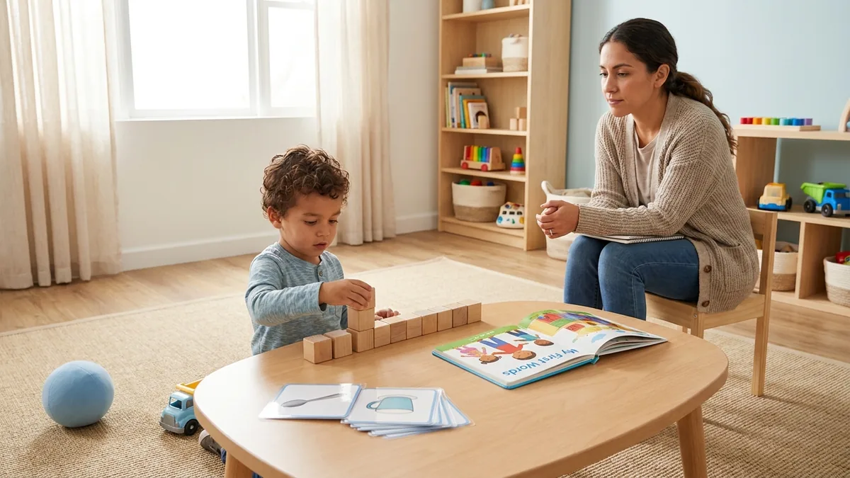 Niño pequeño jugando con bloques mientras una adulta observa posibles cambios en sus habilidades de comunicación y desarrollo