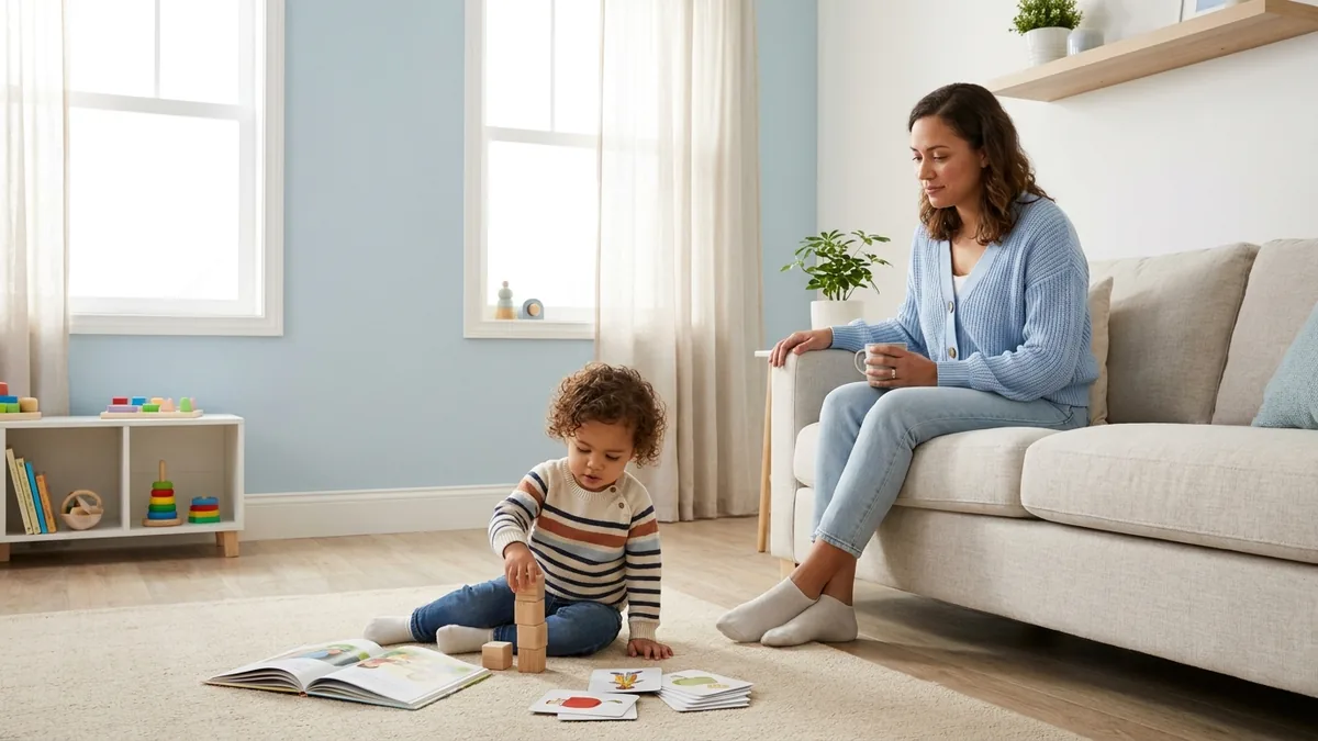 Madre observando a su hijo pequeño durante una actividad de juego y desarrollo en casa