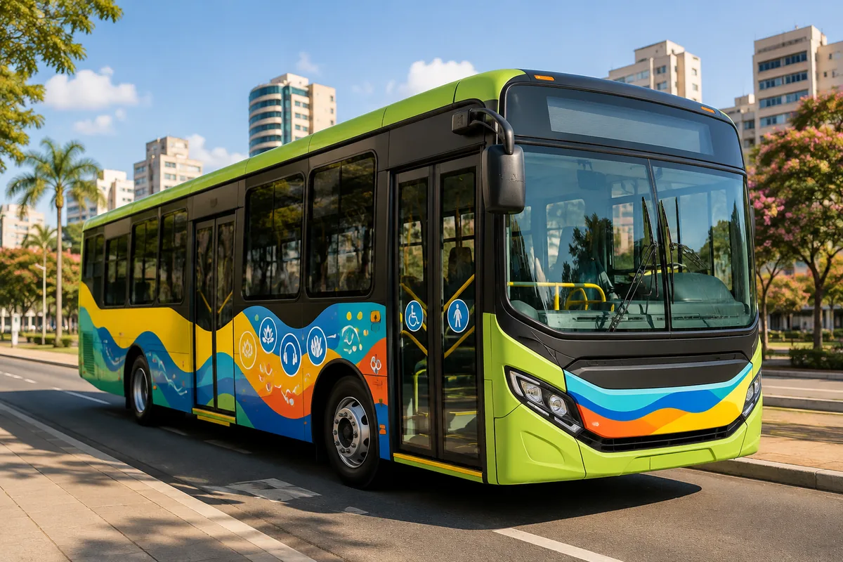 Imagen ilustrativa generada con inteligencia artificial de un autobús sensorial urbano para acompañar una noticia sobre Sorocaba y autismo