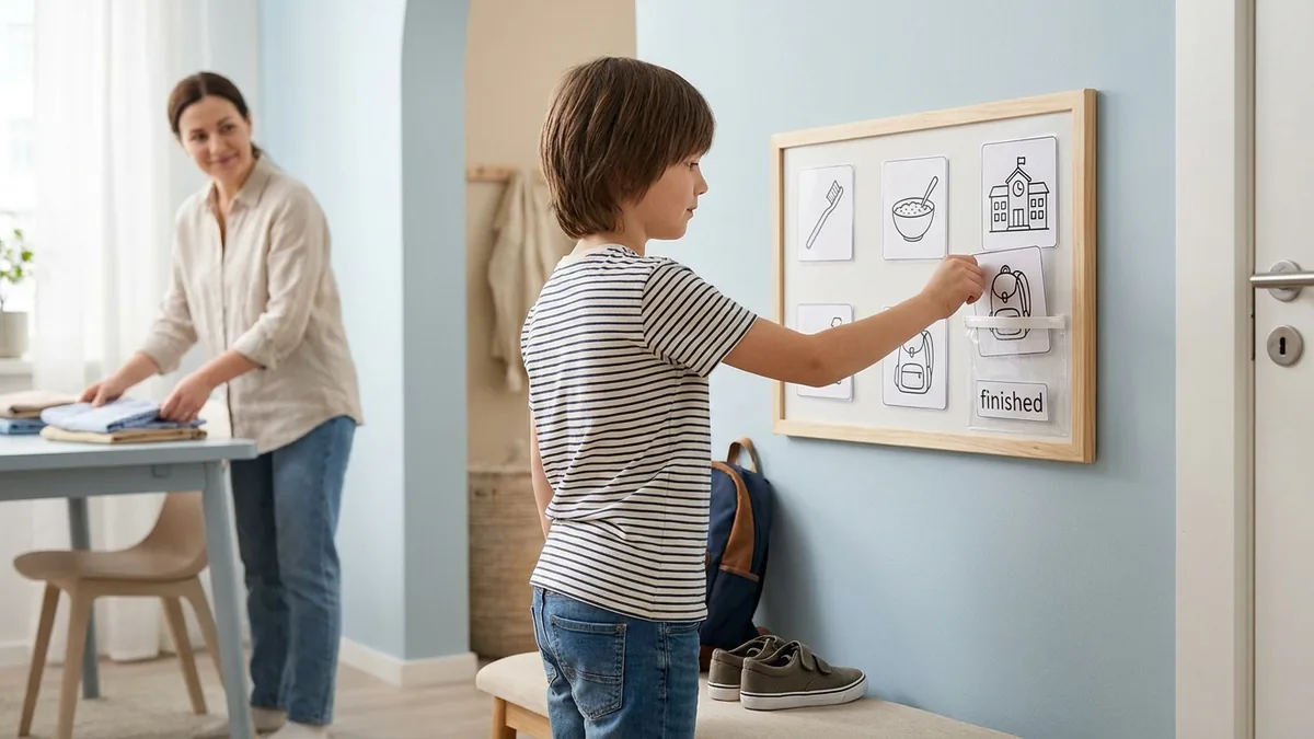 Niño autista consulta y organiza su rutina visual de forma independiente mientras un adulto permanece cerca sin intervenir