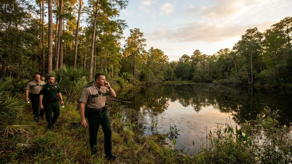 Agentes recorren la orilla de un estanque durante la búsqueda de un niño desaparecido en Florida