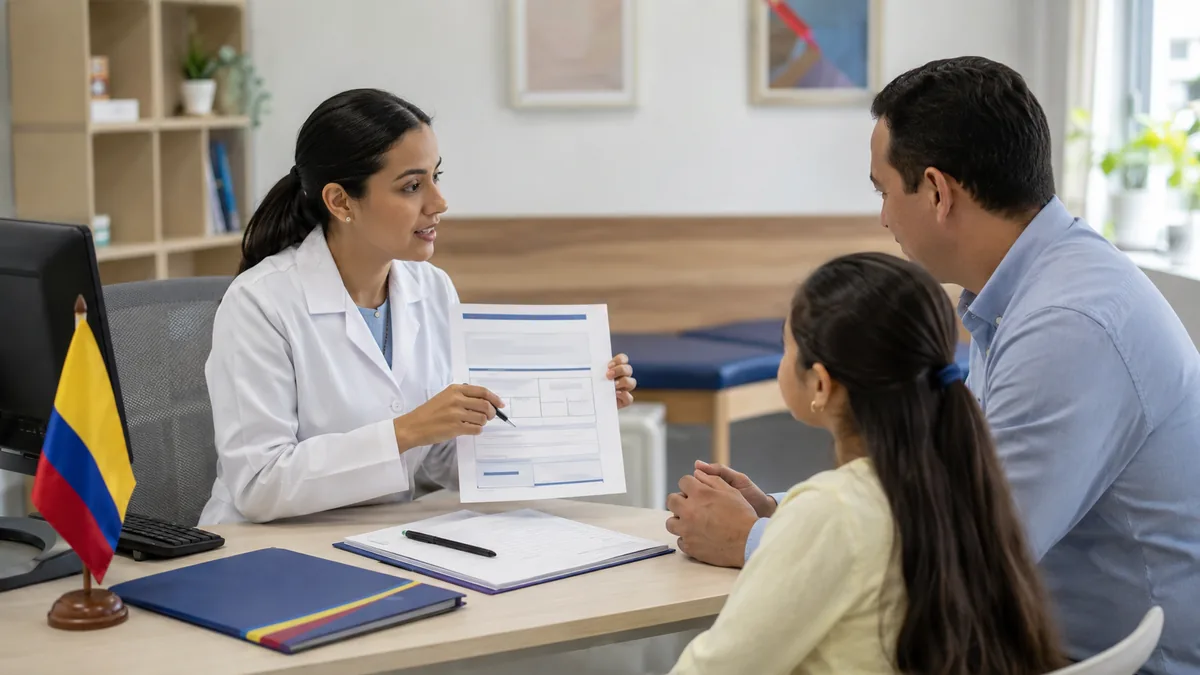 Profesional de salud explica a una familia colombiana un documento relacionado con la certificación de trastornos del neurodesarrollo