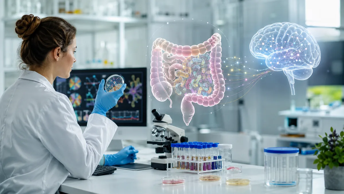 Científica investigando el eje intestino-cerebro en autismo