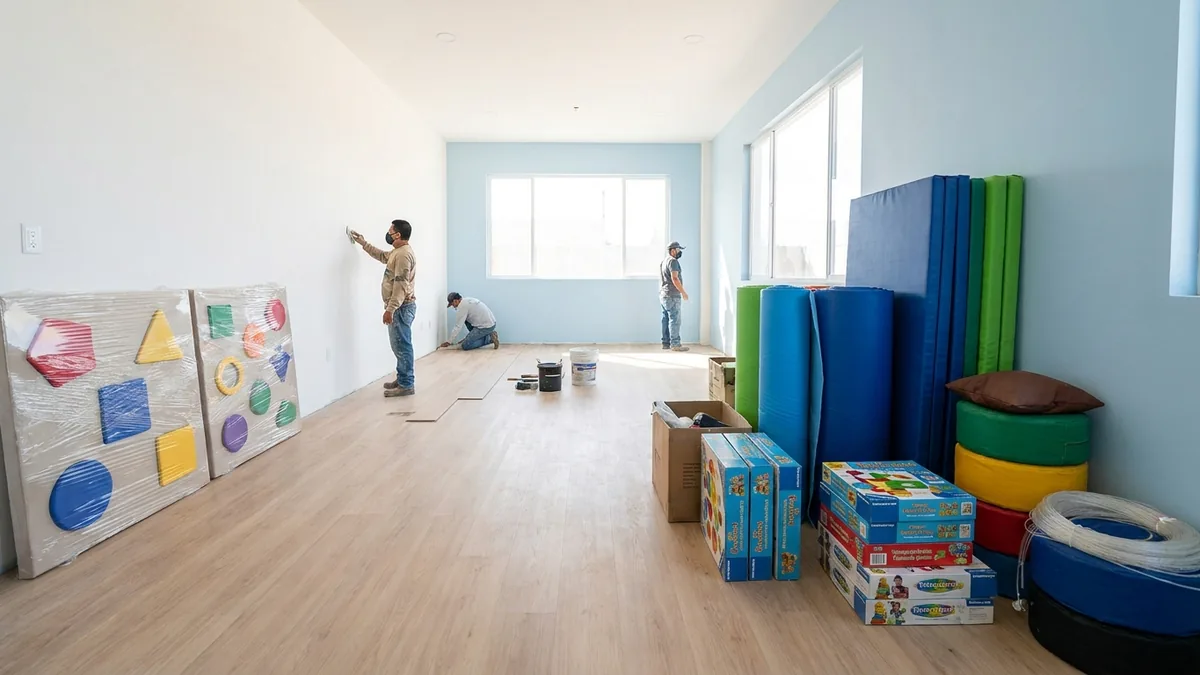 Trabajadores adecuan un espacio para una nueva sala sensorial con materiales terapéuticos para niñas y niños