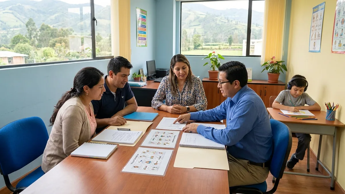 Familia, docente y profesional de apoyo revisan estrategias de inclusión para un estudiante autista en una escuela de Ecuador