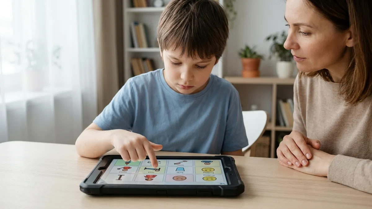Niño autista utiliza una tableta con pictogramas para comunicar un mensaje mientras una adulta espera y observa