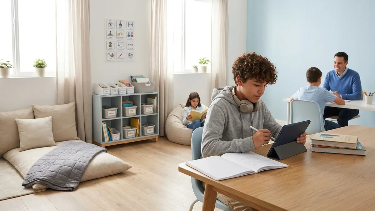 Adolescente autista estudiando en un entorno tranquilo y adaptado con apoyos sensoriales