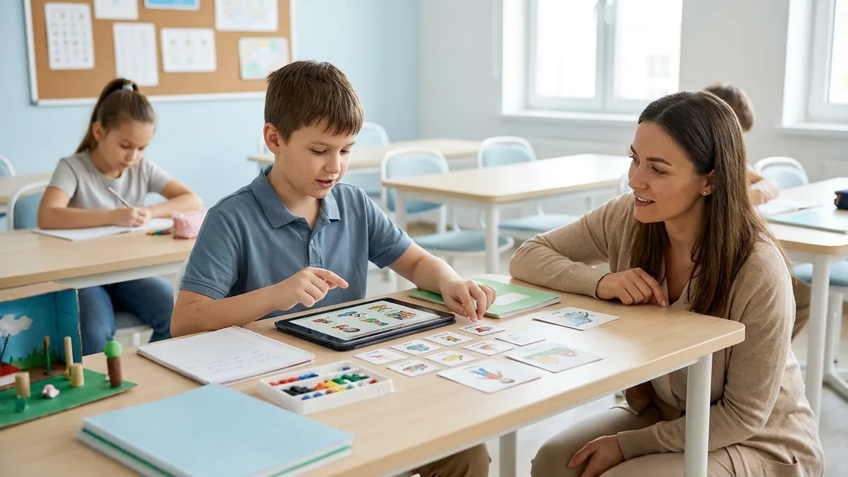Estudiante autista utiliza una tableta, tarjetas visuales y materiales escolares para demostrar lo aprendido con apoyo de una docente