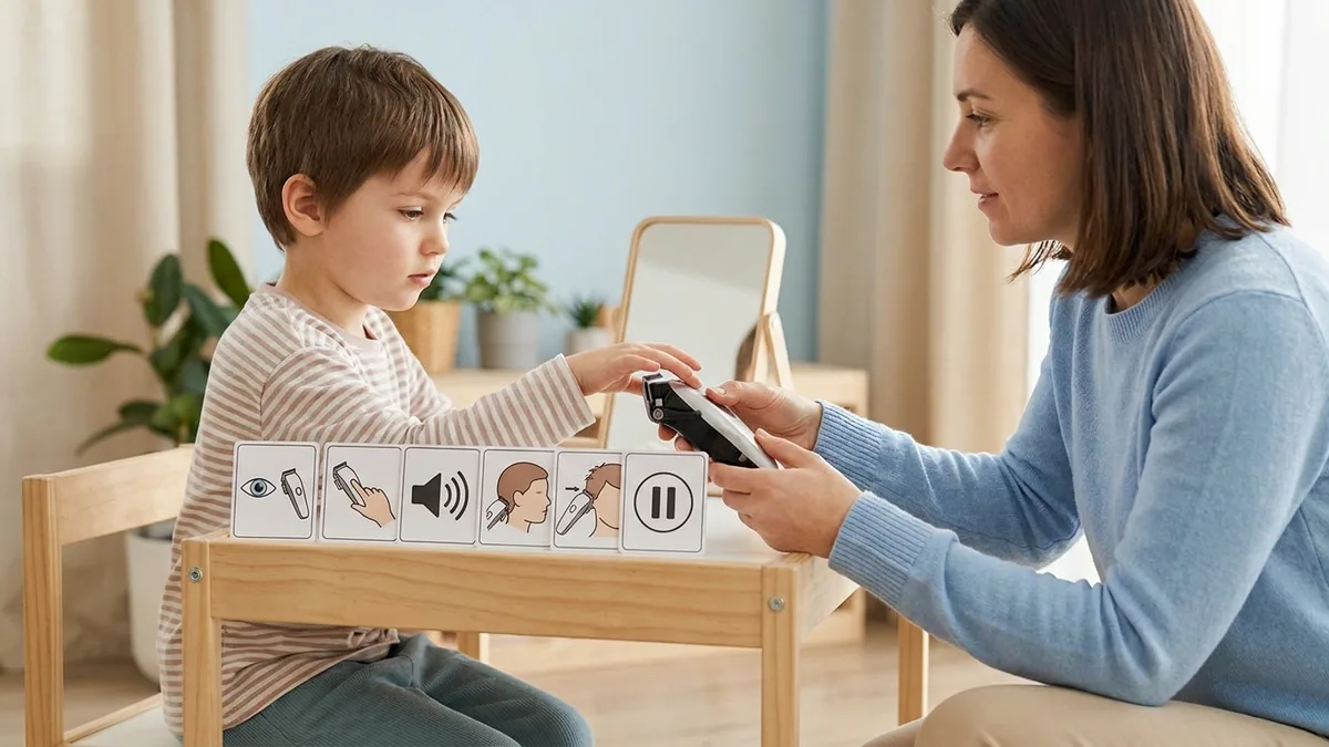 Niño autista explora una máquina de cortar cabello con apoyo de una adulta y una secuencia visual de pasos