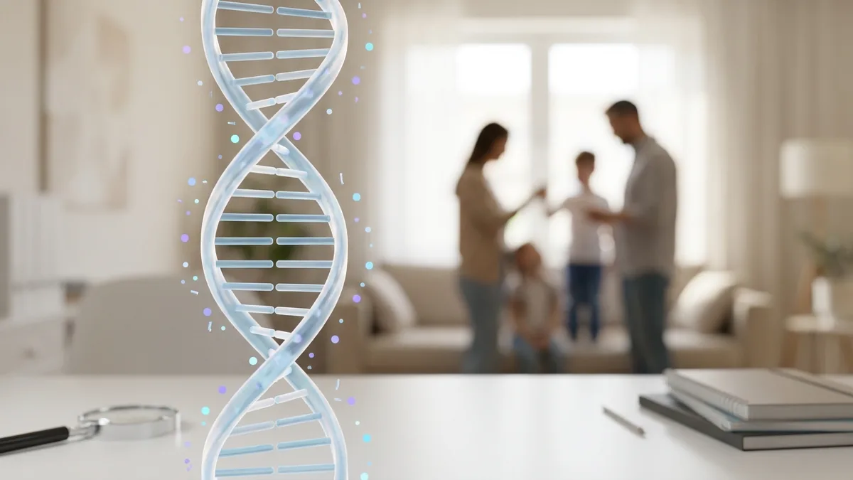 Representación de una doble hélice de ADN con una familia al fondo para ilustrar la complejidad genética del autismo