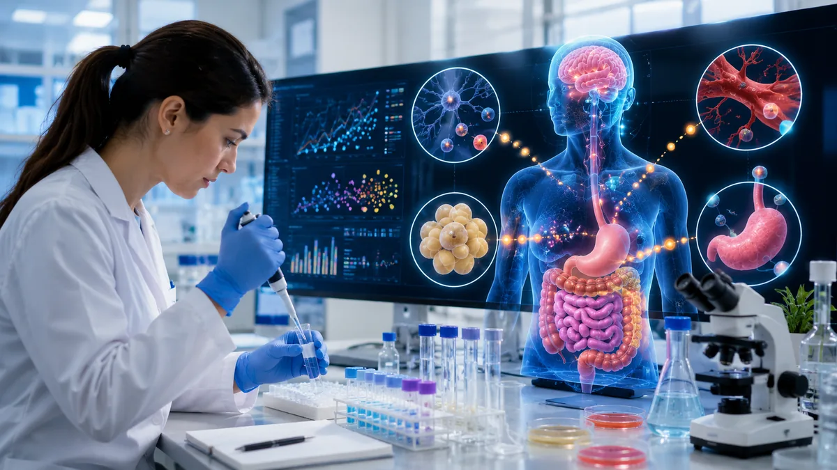 Investigadora analiza hormonas relacionadas con el hambre y la saciedad junto con datos sobre microbiota intestinal en un laboratorio