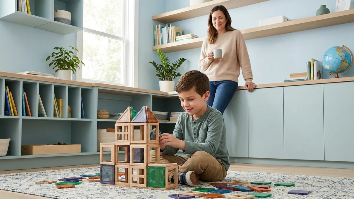 Niño autista concentrado construyendo con bloques mientras una adulta observa y acompaña respetando sus intereses