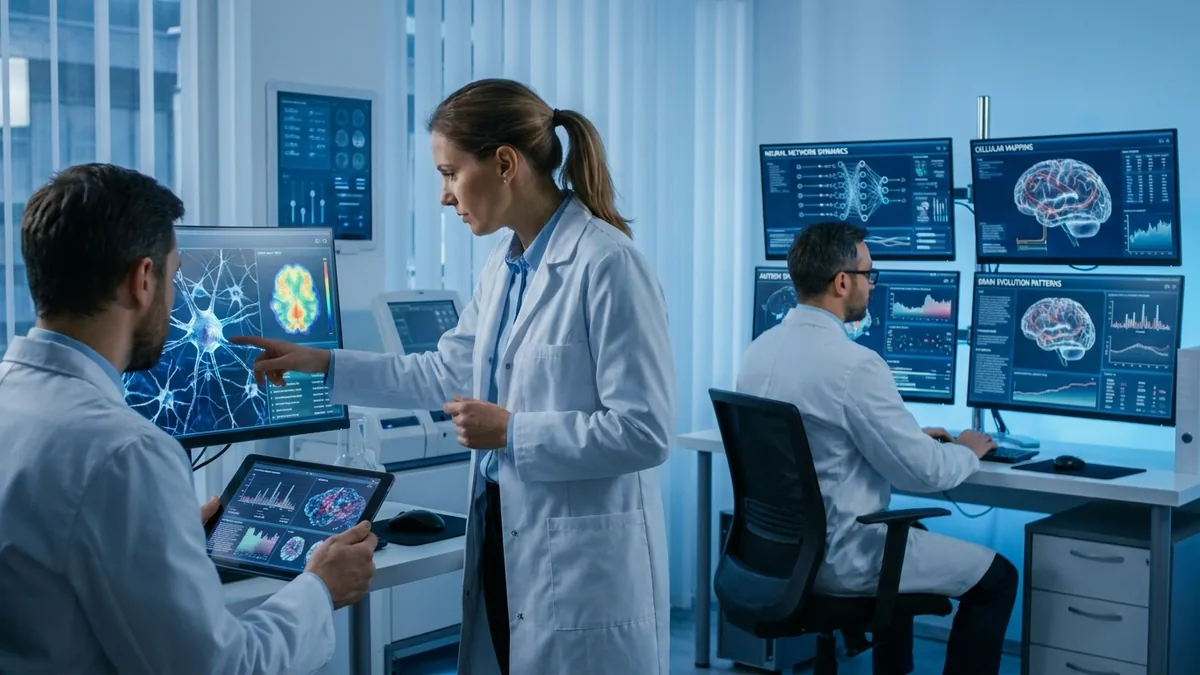 Equipo de investigadores analiza imágenes de neuronas y datos del cerebro humano en un laboratorio