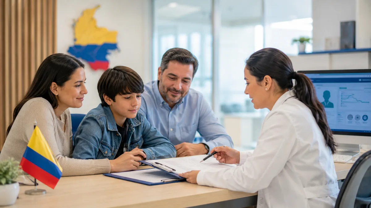 Familia colombiana recibe orientación de una profesional de salud sobre atención y certificación para una persona autista