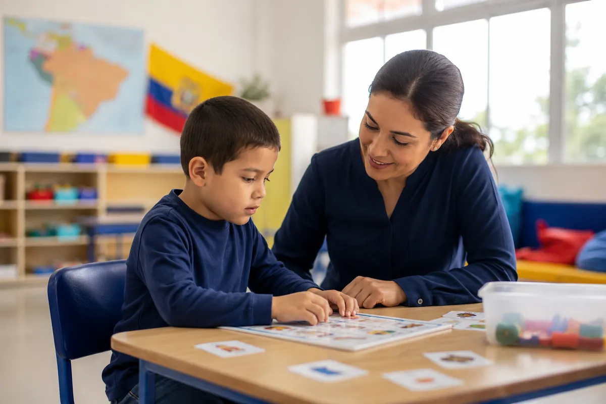 Imagen ilustrativa generada con inteligencia artificial de un estudiante recibiendo apoyo educativo para acompañar una noticia sobre estudiantes autistas en Ecuador