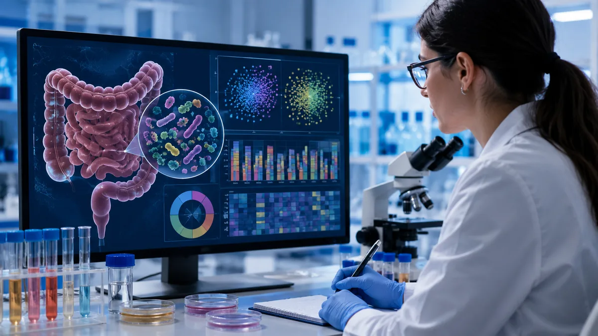 Investigadora analiza en un laboratorio diferencias en la microbiota intestinal mediante gráficos científicos y una representación del intestino