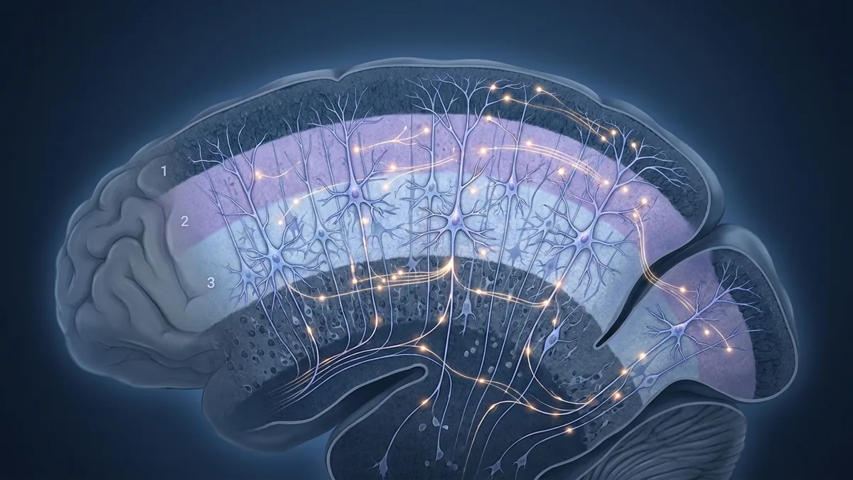 Ilustración de la neocorteza humana con neuronas de las capas 2 y 3 y conexiones entre distintas regiones cerebrales