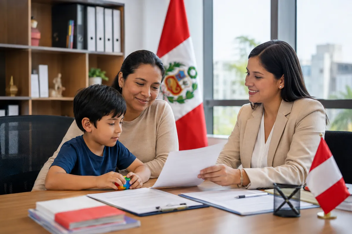 Imagen ilustrativa generada con inteligencia artificial de una familia recibiendo orientación para acompañar una noticia sobre protección de personas autistas en Perú