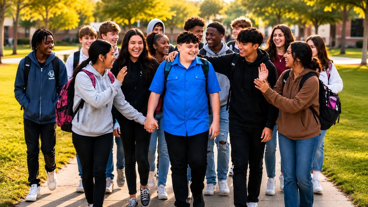 Imagen ilustrativa generada con inteligencia artificial de un adolescente acompañado por otros jóvenes para representar una historia sobre bullying y apoyo escolar