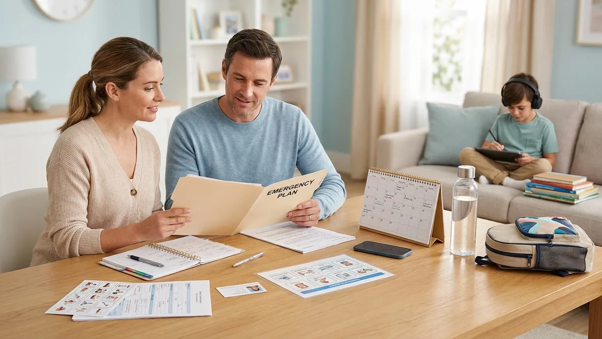 Padres organizan un plan de emergencia con documentos, calendario y apoyos visuales mientras su hijo autista permanece tranquilo en casa