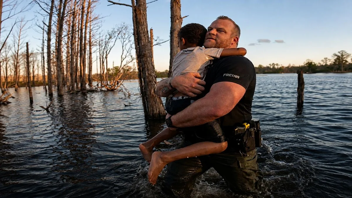 Imagen ilustrativa generada con inteligencia artificial de un agente rescatando a un niño de un estanque en Florida