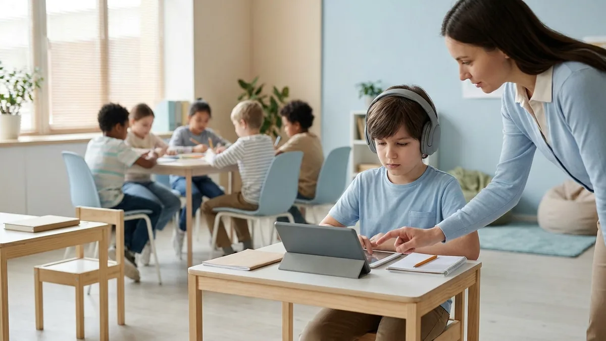 Estudiante autista utiliza auriculares para reducir el ruido mientras trabaja con una tableta y recibe apoyo de una docente en el aula