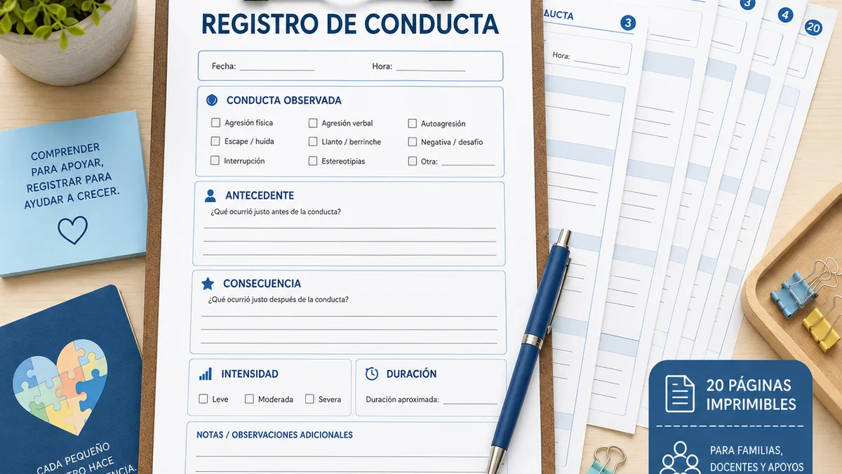 Plantilla imprimible de registro de conducta con apartados de antecedente, consecuencia, intensidad y duración para apoyar a niños autistas
