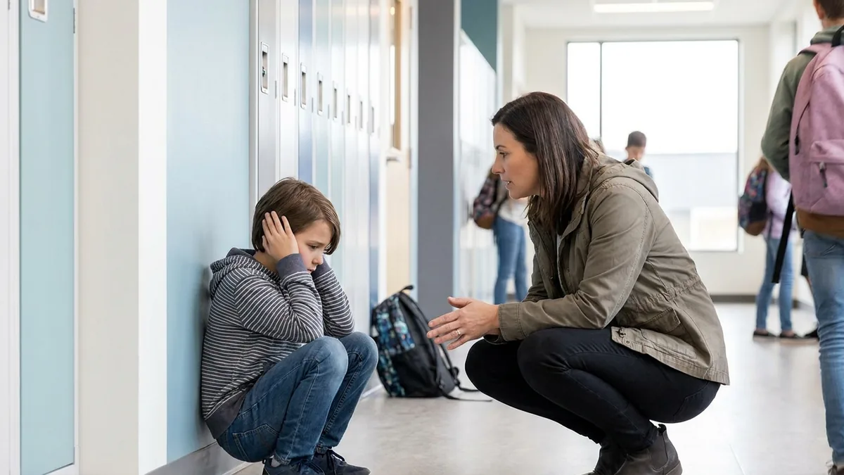 Niño autista se cubre los oídos en un pasillo escolar mientras una adulta lo acompaña durante un momento de sobrecarga sensorial