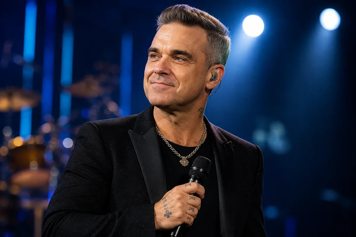 Imagen ilustrativa generada con inteligencia artificial de un cantante en un escenario para acompañar una noticia sobre Robbie Williams