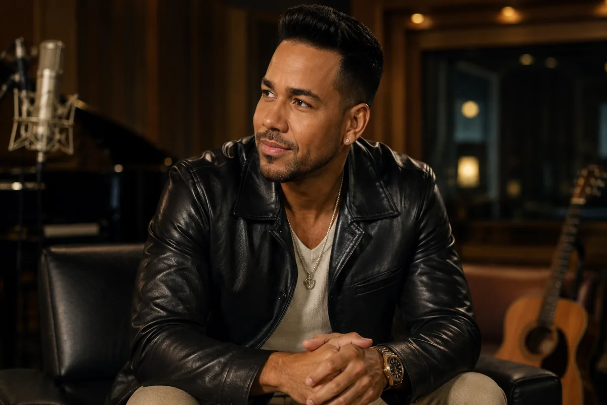 Imagen ilustrativa generada con inteligencia artificial de un cantante en un estudio de grabación para acompañar una noticia sobre Romeo Santos