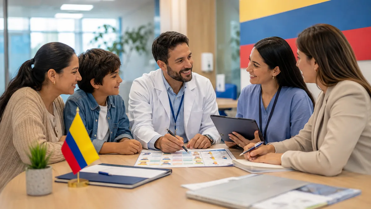 Familia colombiana y profesionales de salud coordinan una ruta de atención para un niño autista en un centro médico