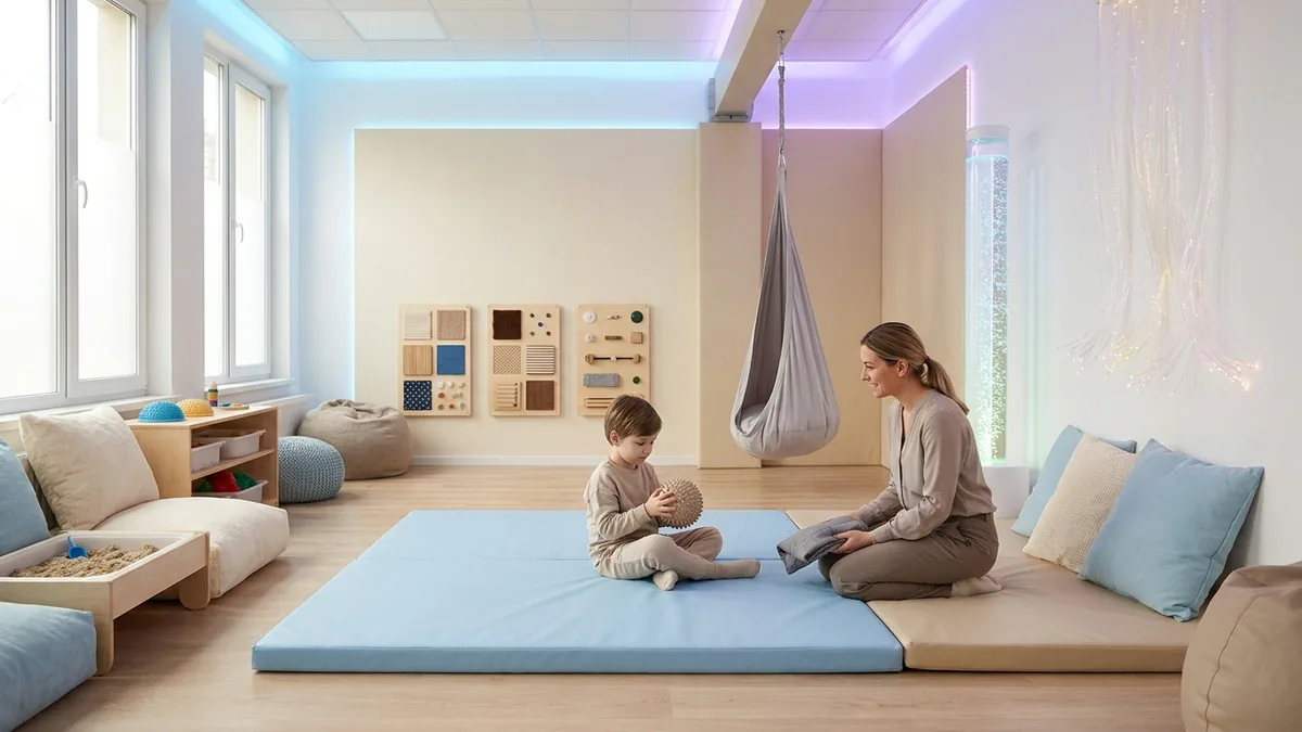 Niño utiliza materiales sensoriales acompañado por una profesional dentro de una sala adaptada