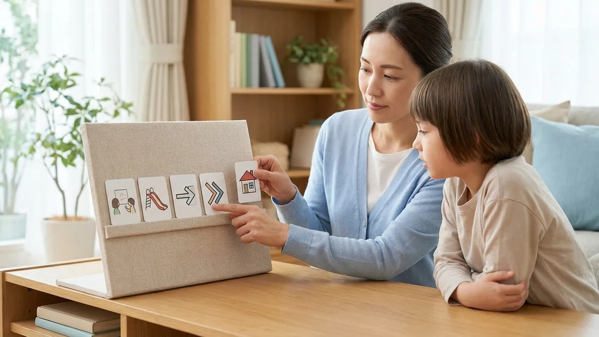 Adulto modifica una rutina visual con pictogramas mientras un niño autista observa el cambio de actividad